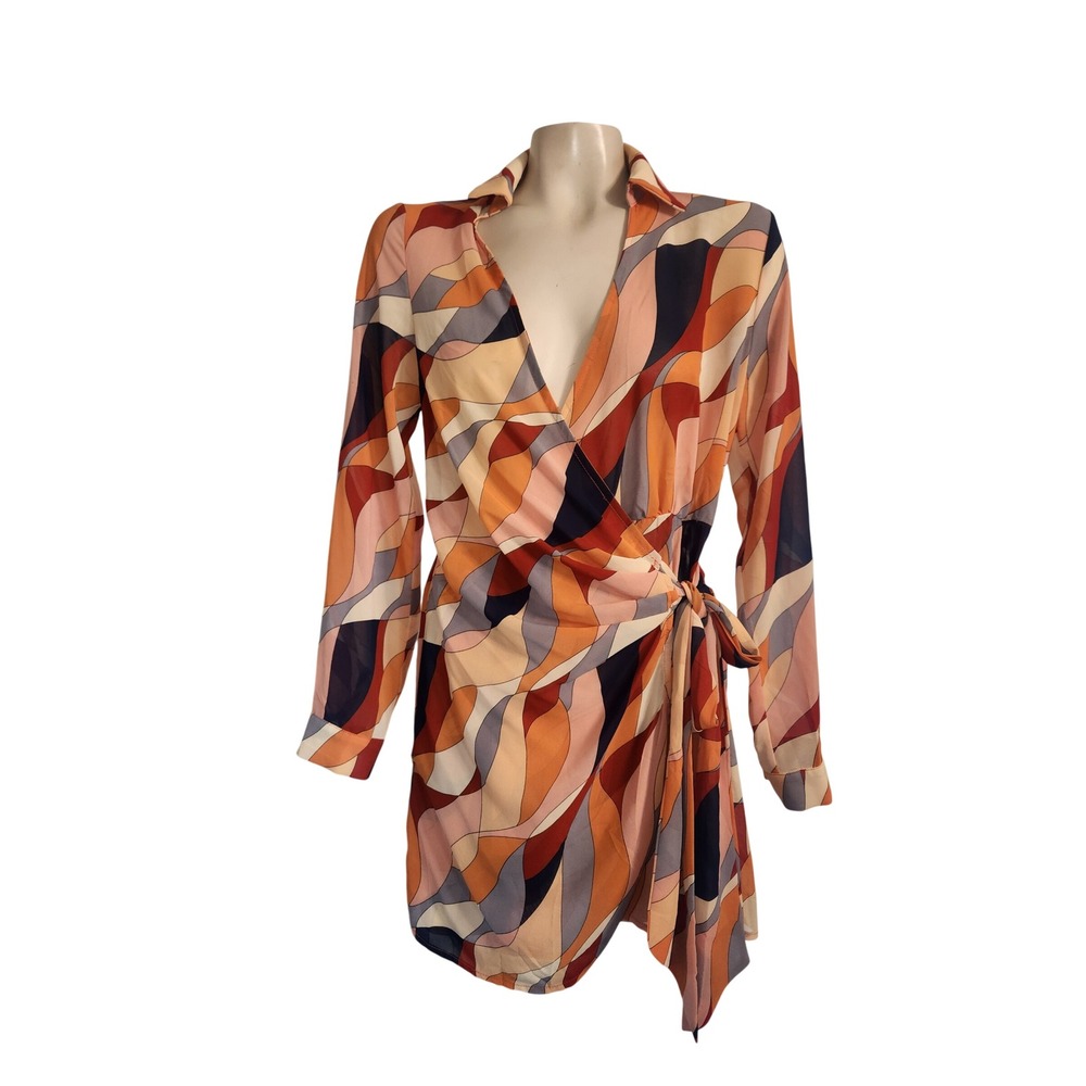 Blush & Day Retro Abstract Swirl Wrap Mini Dress Orange M hippie sexy festival